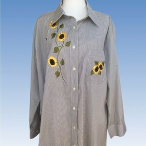 Striped Gray Button Down Shirt with Sunflower Embroidery